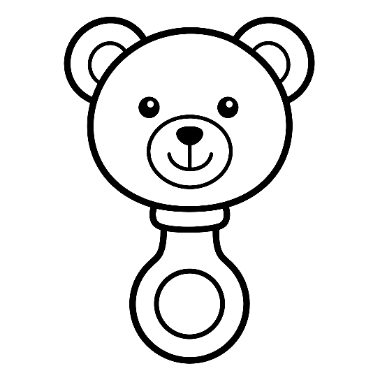 Line drawing of a baby rattle shaped like a teddy bear's face with a ring-shaped handle below.
