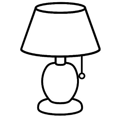 Line drawing of a table lamp with a round base, oval body, wide lampshade, and a pull chain switch.