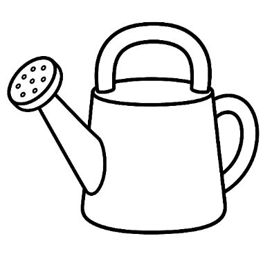 Line drawing of a watering can with a curved handle and a spout ending in a perforated sprinkler head.
