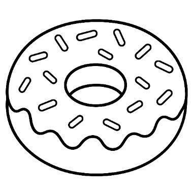 Line drawing of a donut with a wavy icing edge and scattered sprinkle shapes on top.
