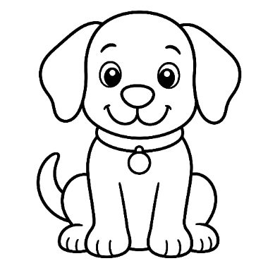 Line drawing of a smiling puppy sitting down, wearing a collar with a round tag.