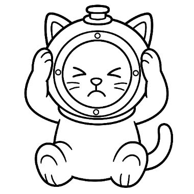 Line drawing of a cat sitting and holding a large pocket watch over its head like a helmet, showing an annoyed expression.