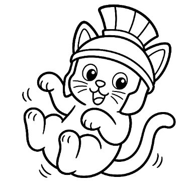 A cheerful cartoon cat wearing a gladiator helmet sits with paws raised in a playful pose, tail curled beside it.
