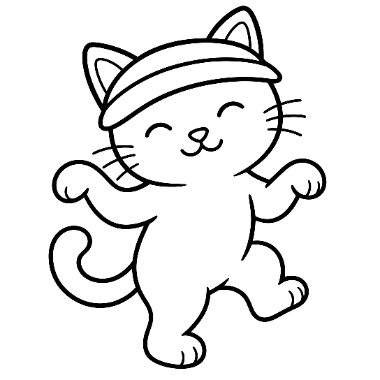 A cheerful cat wearing a headband dances with arms raised, eyes closed and tail curled, in black and white outline.