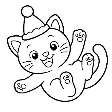 Line drawing of a cheerful kitten in a party hat, lying on its back with paws raised playfully.