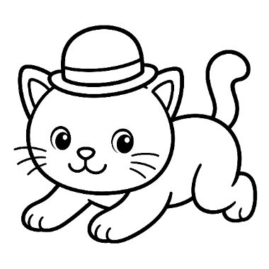 A smiling kitten with a curled tail wears a bowler hat while crouching playfully on all fours.