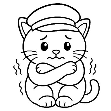 Line art of a cold cat wearing a cap, hugging itself with crossed arms and shivering lines around it.