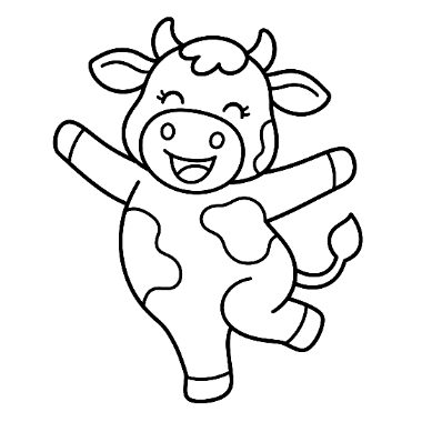 Line art of a cheerful cartoon cow with spots, jumping with arms and legs spread wide.