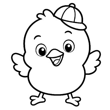 Line drawing of a cheerful baby chick wearing a small cap, with wings spread and feet apart.