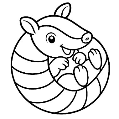 Line drawing of a smiling armadillo curled into a ball, showing its face, paws, and striped shell.