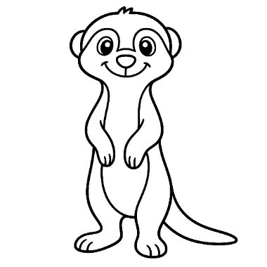 Line drawing of a cartoon meerkat standing upright with paws together, smiling, and a curled tail.