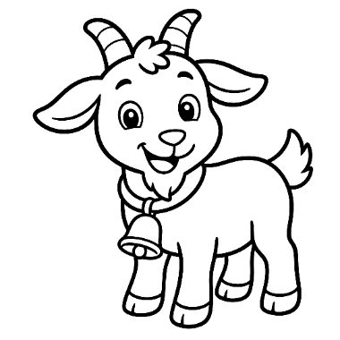 Line drawing of a smiling baby goat standing with a bell around its neck, ready to be colored.