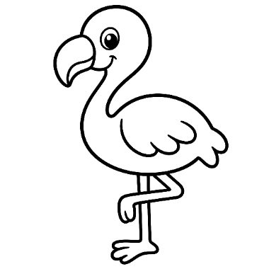 Line drawing of a cute cartoon flamingo with a large curved beak, standing on one leg with a big smiling eye.