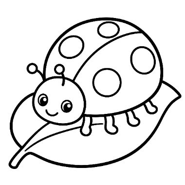 Line drawing of a cheerful ladybug with spotted wings and antennae standing on a large leaf.