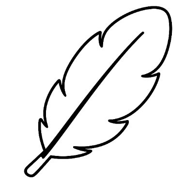 Line drawing of a single feather with a central quill and scalloped, notched edges on both sides.
