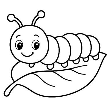 A cheerful cartoon caterpillar with a smiling face and antennae sits on top of a large leaf.