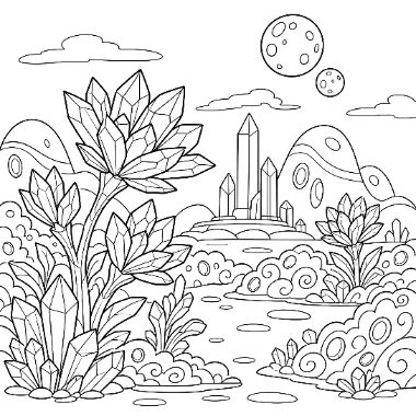 Line art of crystalline flowers and spiky plants surrounding faceted gem towers on a hill, with moons and swirled bushes.