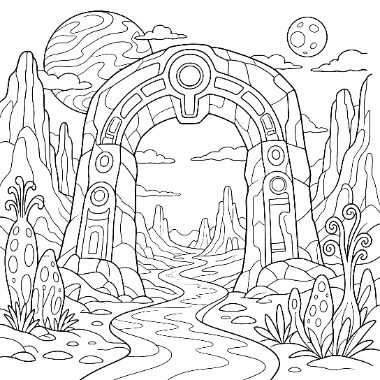 Line art of an ornate stone archway on an alien landscape with rocky spires, planets, and a winding path.