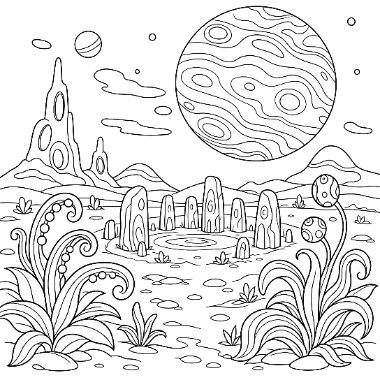 Line art of a stone circle on an alien planet with towering spires, curly plants, and a large ringed planet in the sky.