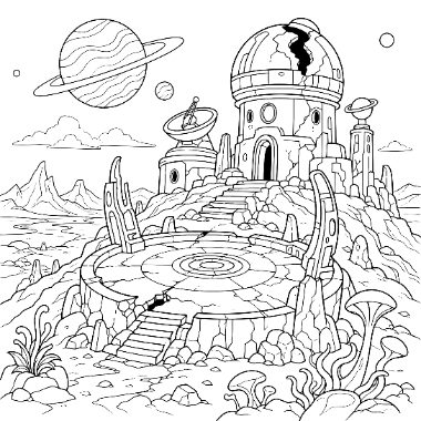 Line art of a cracked domed observatory on a rocky alien hill with a spiral courtyard, ringed planets, and tall spiky plants.