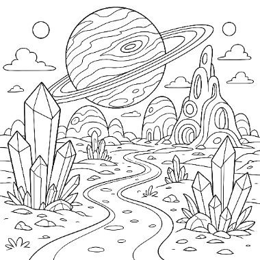 Line drawing of a winding path through crystal formations, dome-shaped hills, and rock spires under a ringed planet and moons.