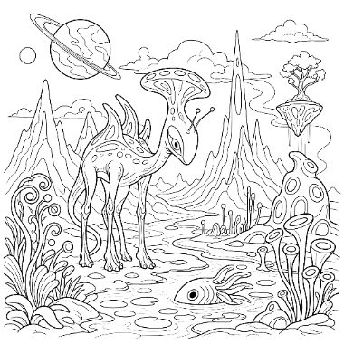 A coloring page showing a fantastical alien landscape with a spotted deer-like creature, mushroom houses, spiky mountains, a ringed planet, and a fish in a stream.
