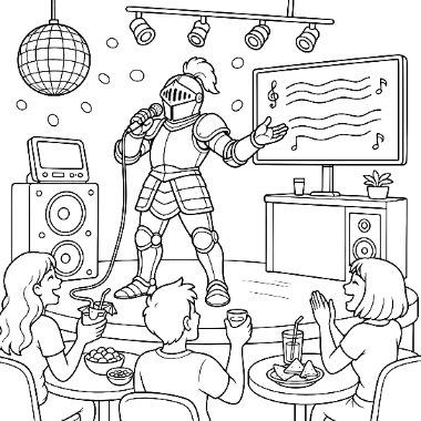 A knight in armor sings into a microphone on a small stage while three children watch and enjoy snacks at a table.