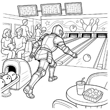 A figure in knight's armor bowls at a bowling alley while people watch and snacks sit on a nearby table.