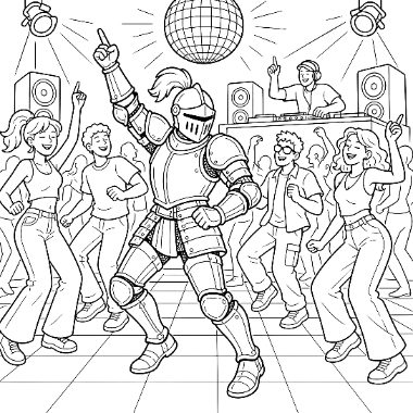 A knight in full armor dances under a disco ball while a crowd of people dance around a DJ booth.