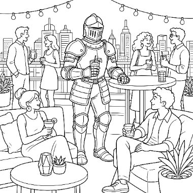 A knight in full armor stands among people mingling with drinks at a rooftop party with string lights and city skyline.