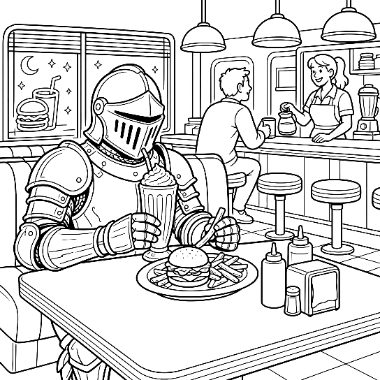 A knight in full armor sits at a diner table eating a burger and fries while holding a milkshake, with people at the counter behind him.