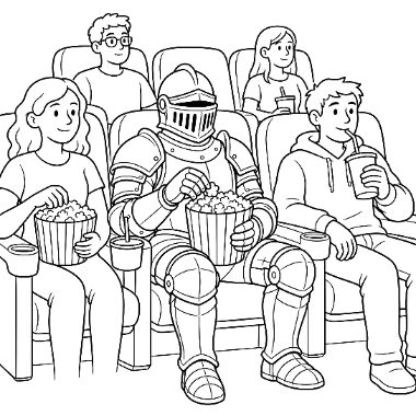 A knight in full armor sits in a movie theater eating popcorn between two women and a man, all holding snacks and drinks.