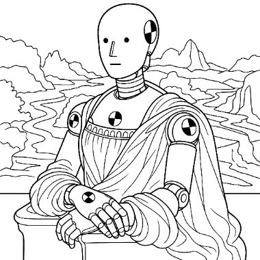 A humanoid robot with crash-test dummy style markings sits with folded hands, dressed in flowing robes against a mountainous background.