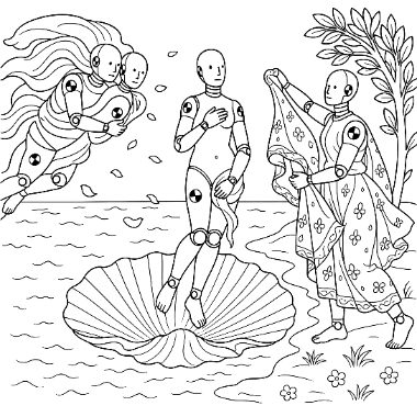 Line art shows robot figures in a Botticelli-style scene, one standing on a shell with two blowing wind and one offering a cloak.