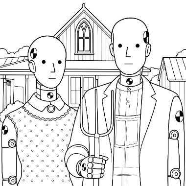 Line drawing of two robots styled like American Gothic, one holding a pitchfork, standing before a farmhouse.