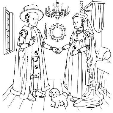 Line drawing of a robot man and woman in medieval clothing holding hands beside a chandelier, with a small dog nearby.