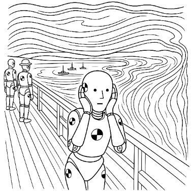 A crash-test dummy robot on a bridge holds its head in a scream, with two robot figures walking away in the background.