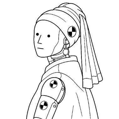 Line drawing of a robot styled after the Girl with a Pearl Earring, with mechanical joints and headscarf.