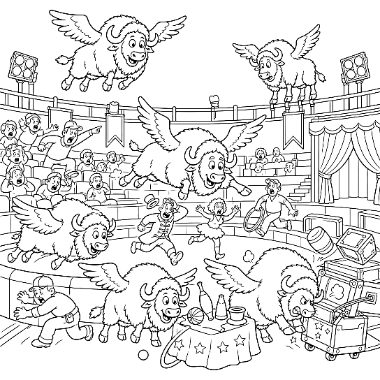 Winged buffalo fly and gallop around a circus arena while people run and cheer from the stands and ring.