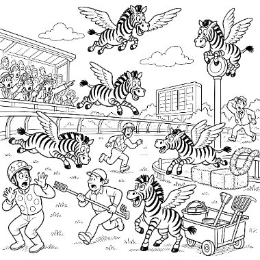 A crowd watches winged zebras soar and gallop past a racetrack while jockeys and workers react with surprise below.