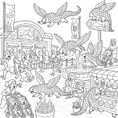 Winged armadillo creatures fly over a crowd of people entering an aquarium building with a fountain and snack stand nearby.