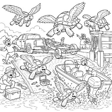 Winged turtles fly and swim around a dock with a truck, trailer, boat, and startled people.
