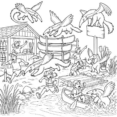 Winged anteaters swoop over a lakeside camp as children flee toward a canoe near a dock and cabin.