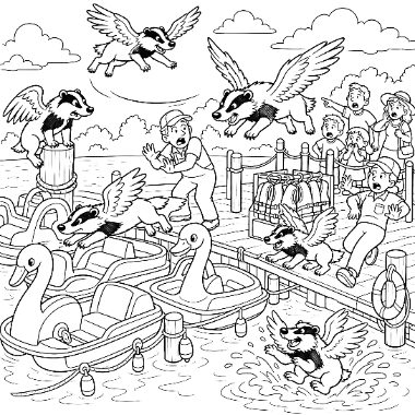 Winged badgers fly around a pier with swan paddleboats while startled people watch and one badger swims in the water.